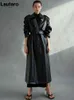 여성용 긴 소매 벨트 더블 브레스트 느슨한 패션 211130에 대 한 Lautaro 가을 긴 흑백 가죽 트렌치 코트