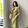 Puff Sleeve Dress Dames Zomer Stijl Effen Kleur V-hals Niche Vintage Franse Jurken Office Lady Outfit 210608