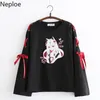 Neploe Jesień Japoński Z Długim Rękawem T Shirt Cartoon Printed Tshirt Harajuku Cross Bowknot Bandaż Koszulki Białe Czarne Topy 54300 210317