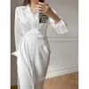 Fransız Zarif Beyaz Gömlek Elbise Kadınlar Için Pist Moda Ofis Bayan Uzun Kollu Elbiseler Yüksek Kalite 210608