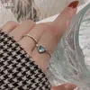 Korean Style New Simple Blue Crystal Heart Rings For Women Silver Color Adjustable Chain Rings Punk Girls Wedding Jewlery Gifts G1125