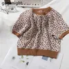 Fashion Leopard Ribbed Knitted T-shirt Women Spring Short Sleeve O Neck T Shirt Ladies Streetwear Summer Crop Top 210601