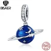 BISAER 925 plata esterlina planeta estrella y luna encantos circón cuentas ajuste mujeres pulseras cuentas DIY joyería hacer Q0531