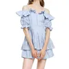 Arrive Summer Women Dress Slash Neck Off Shoulder Ruffles Hollow Out Embroidery Cake Sexy Blue Mini es 210603