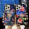 Lüks Kare Glitter Retro Gül Çiçek Telefon Kılıfları Için iPhone 13 12 Mini 11 Pro Max 6 S 7 8 Artı X Moda Mavi Ray Elmas Yüzük Tutucu Silikon Kapak