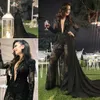 Designer preto jumpsuit noite vestidos de mangas compridas mergulhando vice-neck illusion chiffon overskirt feito personalizado vestido de festa de baile vestido 2021