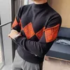 Mens tröja långärmad varma män stickade pullovers diamantgitter vinter casual slim halv turtleneck tröja kläder 210527