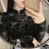 Ny design kvinnors stativ krage perspektiv GASE LACE Lång ärm Sexig Cheongsam-stil t-shirt plus storlek toppar SML274U