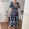 Blauwe gedrukte jurk vrouw zomer slanke taille elegante vintage maxi vestido kleding chique vierkante kraag dame 210603