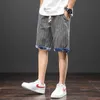 Plus Size Summer Blue Short Jeans Men Knee-Length Cotton Casual Baggy Trousers Male Striped Denim Shorts 6XL 7XL 8XL 210716