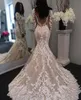 2021 Nova Ilusão de mangas compridas Lace Sereia vestidos de casamento tule applique tribunal princesa casamento vestidos de noiva com botões