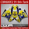 Body+Tank For HONDA CBR 600F2 600 F2 CC 600FS 91 92 93 94 Bodywork 63No.9 CBR600 FS CBR600F2 CBR600FS 1991 1992 1993 1994 CBR600-F2 600CC 91-94 Fairings Kit yellow glossy