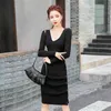 Make firm offers in the fall and winter long knitting v-neck sleeve button render bag hip skirt 210602