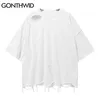 Gonthwid High Street TShirtsヒップホップリッピングの苦しんで破壊された穴ソリッドカラーティーシャツストリートウェア原宿コットントップG1229