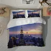 Morden Blue Night Building Gardiner Sängkläder Set Red 4pcs Duvet Cover Set Pillowcase 3D sängkläder