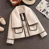 High Quality Women White Bow Mink Jacket Coat For Female Slim Patchwork Pocket Outerwear Ladies Wool Short Winter Clothes 211029