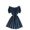 Moda Brillante Vestito di Seta delle Donne di Estate In Rilievo Slash Neck Manica Corta Mini A-line Vestidos De Mujer S367 210527
