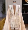 Длинное вечернее платье 2021 прозрачная высокая шейка с длинным рукавом жемчужины слоновой кости Сатин Дубайские женщины короткие официальные выпускные платья с длинным шалью