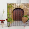 Tende da doccia Porta in legno vintage Shabby Venatura del legno Cancello Vite verde Fiore Finestra Ape Stampato Bagno Decor Panno in poliestere