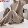 Calças de duas peças de duas peças sólidas cor grossa knitwear calça ternos meia coleira de manga comprida suéter + grande perna 2 peças Twinset roupas