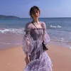 Sommar Spets Elegant midiklänning Kvinnor Puffärm Fyrkantig krage Boho Beach Blommig Kvinnlig Party One Piece Koreansk