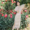 Manga Curta Lace Bordado Mulheres Vestido Elegante Meados da Vitela Chinesa Cheongsam Midi Bainha Vestidos de Fiesta Bege 210603