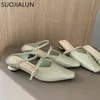 Suojialun 2021 Nya Kvinnor Slipper Round Toe Slip på Mules Skor Låg häl Outdoor Casual Kvinna Sandaler Grön Zapatillas Mujer K78