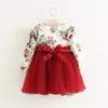 Meninas Vestido Nova Primavera Vestidos Crianças Roupas Princesa Vestido de Manga Longa Flor Cópia Meninas Roupas Red Rosa 3-7T Q0716