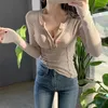 2021 T shirt Women Ribbed Cotton Female Korean T-Shirt Gray Tops Sexy Button V-Neck Long Sleeve Patchwork Tee Shirt Clothes X0628