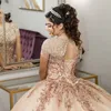 Vestidos de 15 Años 2021 Ronde hals Kwastje kralen quinceanera jurken rose gouden applique sleutelgat Back Ball Sweet 16 Prom jassen