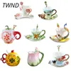 Tasses à café en émail définit des tasses à thé en porcelaine avec une cuillère à soucoupe 3D Rose Elephant Creative Drinkware 210804