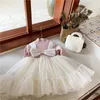 Robes de fille 2022 hiver bébé filles princesse nœuds papillon tricoté Patchwork robe de bal Style coréen tout-petits enfants épaissir robe chaude