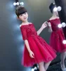Kırmızı tül omuzless çiçek kız elbiseler düğün aplikler için örgün kız doğum günü partisi elbise prenses balo elbisesi 210331