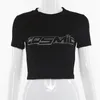 Lettre noire strass coton t-shirts femmes été nombril nu recadrée Streetwear haut tendance t-shirt coupe ajustée T-shirt court 210426