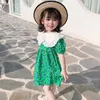2021 летние новая девушка платья корейская версия зеленого цветка нижний большой отворот западный стиль милый Q0716