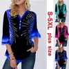 Shirt blouse dames plus maat 5xl afdrukpositie met één borsten blauw v-hals wijd uitlopende mouw tops vrouwelijk shirt losse dames shirt 210308