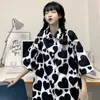 QNPQYX Mode Kurzarmhemden Übergroße schwarze Herzdruckblusen Harajuku Vintage Casual Chiffon Button Up Tops Streetwear