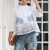 Satış Soyut Nakış Gömlek Tops Kadın Yaz Sonbahar Moda 3/4 Kollu Rahat Bluzlar Bayanlar Beyaz Bebek Gömlek Droshipping 210225