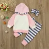 Primavera e outono 3 peça cor bonito bloqueado hoodie listrado amarrado calças de cabaz conjuntos de bebé roupas 210528