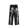 Мужские джинсы уличная одежда граффити мужски хип -хоп скелет скелет скелет, вымытый прямые джинсовые штаны Мужские негабаритные брюки панк хараджуку