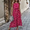 Sommar kvinnor polka-dot långa droach klänningar straplcasual white midi sundr2021 röd sommar semester kläder för kvinnor x0529