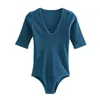 Eleganta kvinnor elastiska smala bodysuiter mode damer stickade romer streetwear kvinnlig chic solid blå 210527