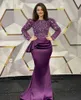 Glitter Purple Cekinowe suknie wieczorowe dla kobiet 2022 Eleganckie Długie Rękawy Mermaid Formalne Suknie Wydarzenia Crew Neck Satin Specjalne okazje Dresses Party Dress