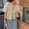 Coreano cotone floreale manica a sbuffo femme chic stampa a vita alta allentato confortevole estate dolce pullover camicie 210525