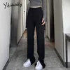 Yitimoky Slit Leg Black Flare Pants Women Office Lady Full Length Clothes Solid Straight Vintage Streetwear Work Spring 210925