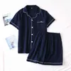 Japanse zomer paar pyjama pak katoen crêpe dames effen kleur eenvoudige shirt met korte mouwen shorts pyjama heren thuis service 211109