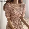 Nomikuma Elegant Square Collar Short Sleeve Dress Lace Patchwork Blommigryck Slim Waist A Line Dresses Koreansk stil Vestidos 210306