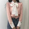 Korobov Korean Lacing Bow Sweet Women Pullovers Hit Färg Basic Långärmad Kvinnlig Tröjor Elegant Patchwork Sueter Mujer 79063 210918