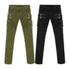 Heren Jeans Legergroen Retro Skinny Heren Kleding Mode Rits Locomotief Denim Biker Jeans Mannelijke Hiphop Broek230O