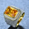 Anéis de cluster luxo grande macho roxo amarelo anel geométrico zircon engajamento de pedra 18k grande casamento para homens